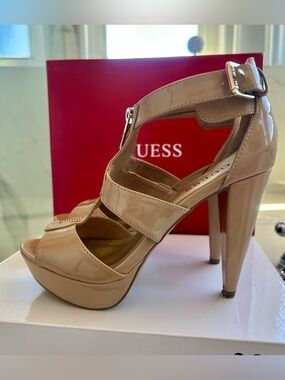 GUESS Patent Nude/Tan Platform T-Strap Heels-size 8 1/2
